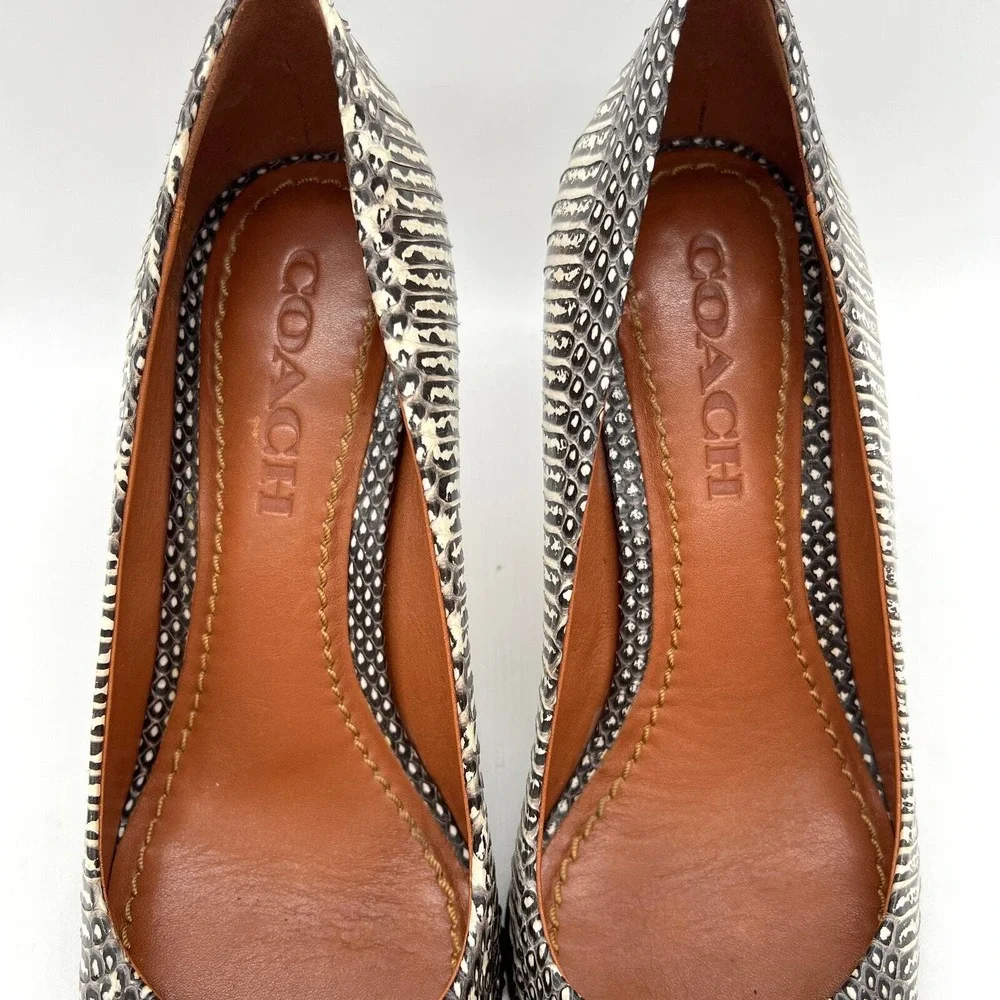 COACH Pumps Women 6 Black White Snakeskin Print Stiletto Pointed Toe Beadchain